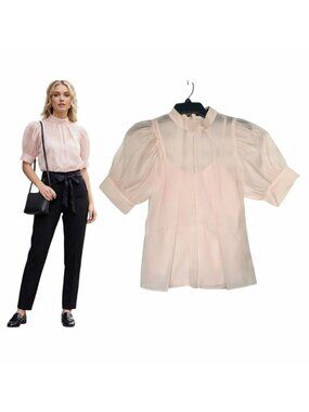 ❤️One twelfth Womens blouse Top Sz S Short Sleeve Glitter Peach Plaid Lined New